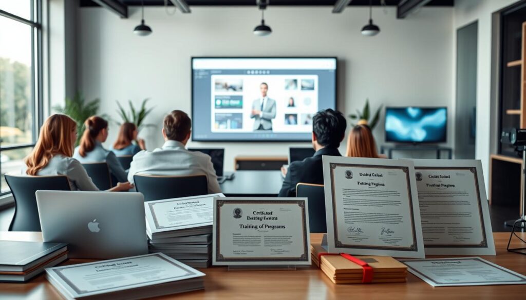 A digital classroom with a virtual teacher lecturing on a large display, surrounded by students learning on laptops and tablets. The scene has a warm, inviting tone with natural lighting filtering through large windows. In the foreground, course materials and certificates are prominently displayed, hinting at the availability of online training programs. The background showcases a modern, minimalist office space with sleek furniture and technology, emphasizing the professional nature of the e-learning enterprise. The overall composition conveys the efficiency, accessibility, and value of online education and course sales.