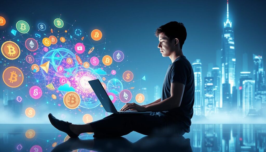A surreal, dreamlike scene of a person navigating the world of cryptocurrency. In the foreground, a person sits cross-legged, intently focused on a glowing laptop screen, their face illuminated by the digital glow. The middle ground features a cascade of vibrant, polygonal cryptocurrency symbols – Bitcoin, Ethereum, Litecoin – swirling and pulsing with energy. In the background, a futuristic cityscape of towering skyscrapers and holographic displays emerges, hinting at the vast potential of the digital financial landscape. The lighting is soft and ethereal, creating a sense of wonder and limitless possibility. The overall mood is one of discovery, potential, and the transformative power of technology.