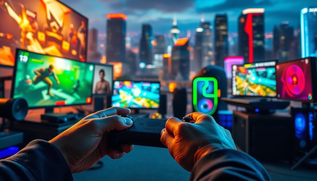 A vibrant digital gaming landscape, illuminated by the glow of various screens and devices. In the foreground, a player's hands deftly navigate a colorful, immersive video game, their focus laser-sharp. The middle ground features a diverse array of gaming peripherals, from sleek controllers to high-performance gaming rigs, symbolizing the tools of the trade. In the background, a bustling cityscape serves as a backdrop, hinting at the global connectivity and potential for earning through the thriving digital entertainment industry. Soft, warm lighting casts a sense of opportunity and excitement, inviting the viewer to explore the possibilities of profiting from the dynamic world of digital gaming.
