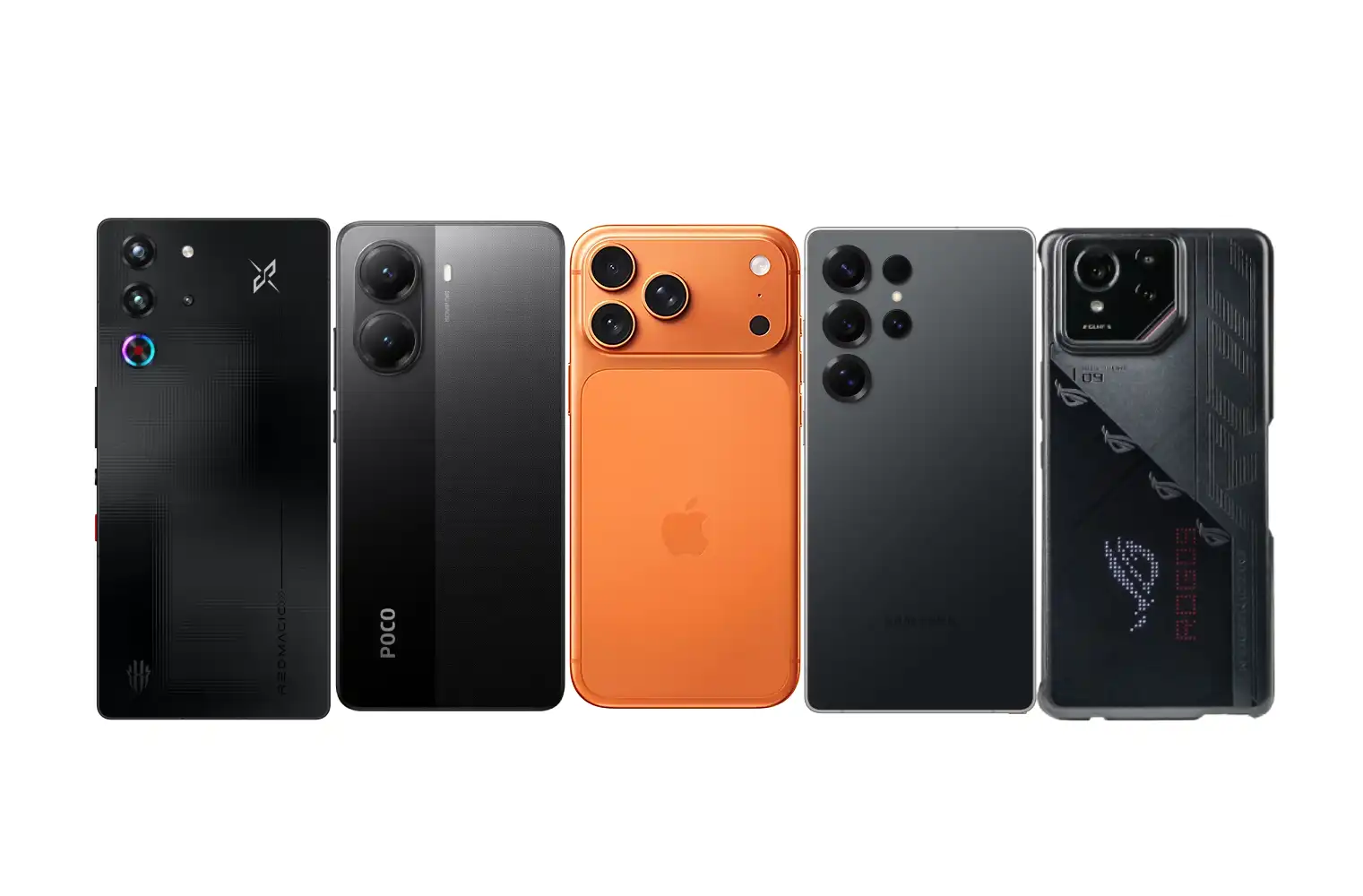 أقوى هواتف الألعاب في 2025 .. من اليمين لليسار هواتف أسوس وسامسونج وآيفون وشاومي ونوبيا